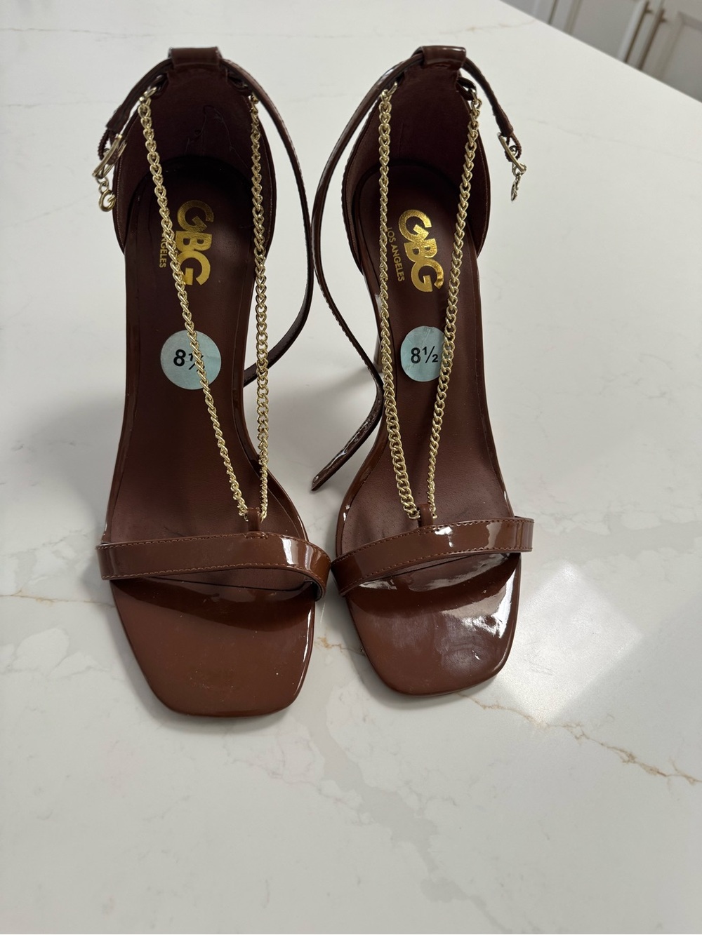 G by Guess Brown Patent Chain-T Strap High Heels